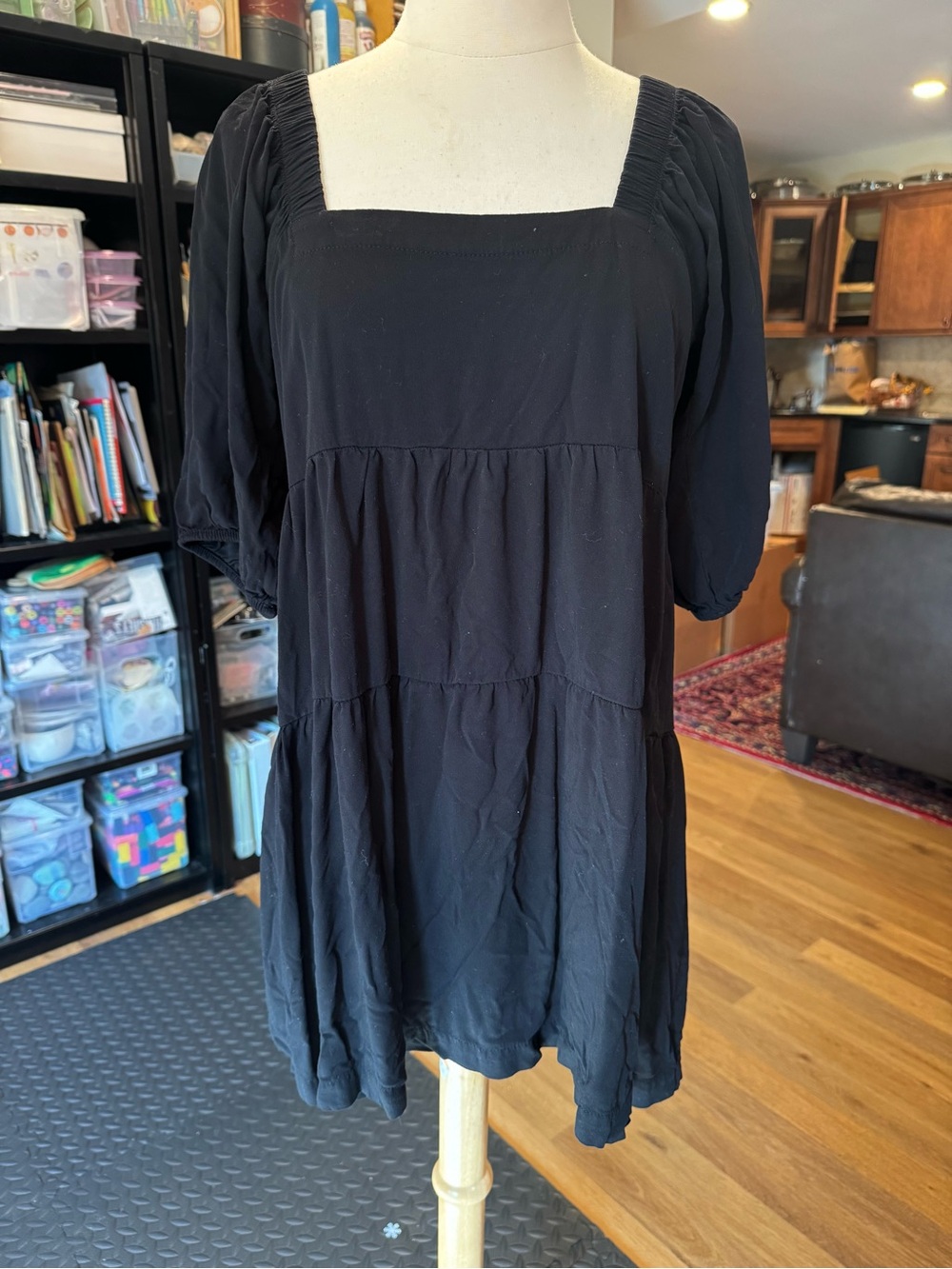 Shinestar Square neck puff sleeve black tiered dress Sz M